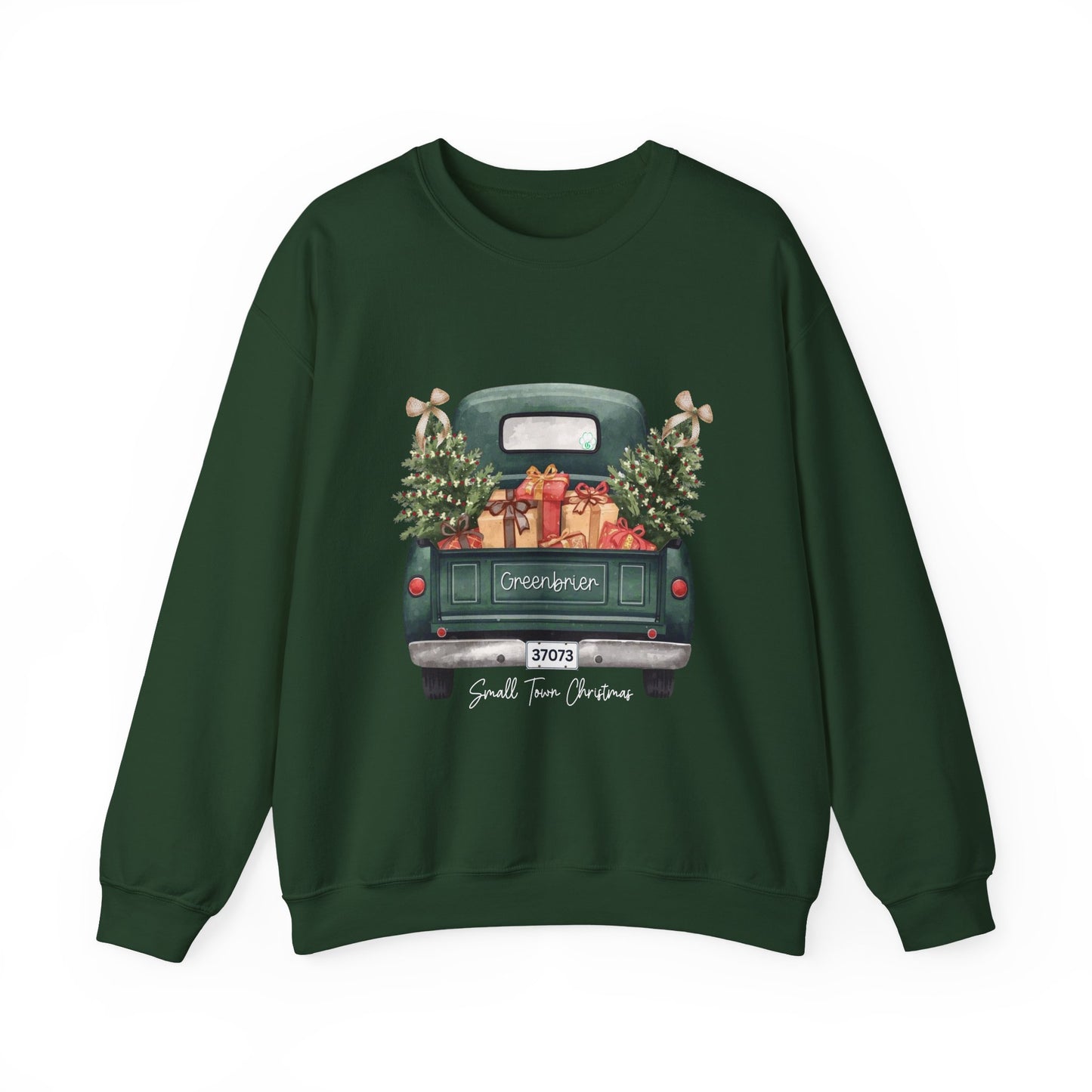 Small Town Christmas Sweatshirt – Vintage Green Truck with Gifts & Trees | Cozy Gildan 18000 Crewneck