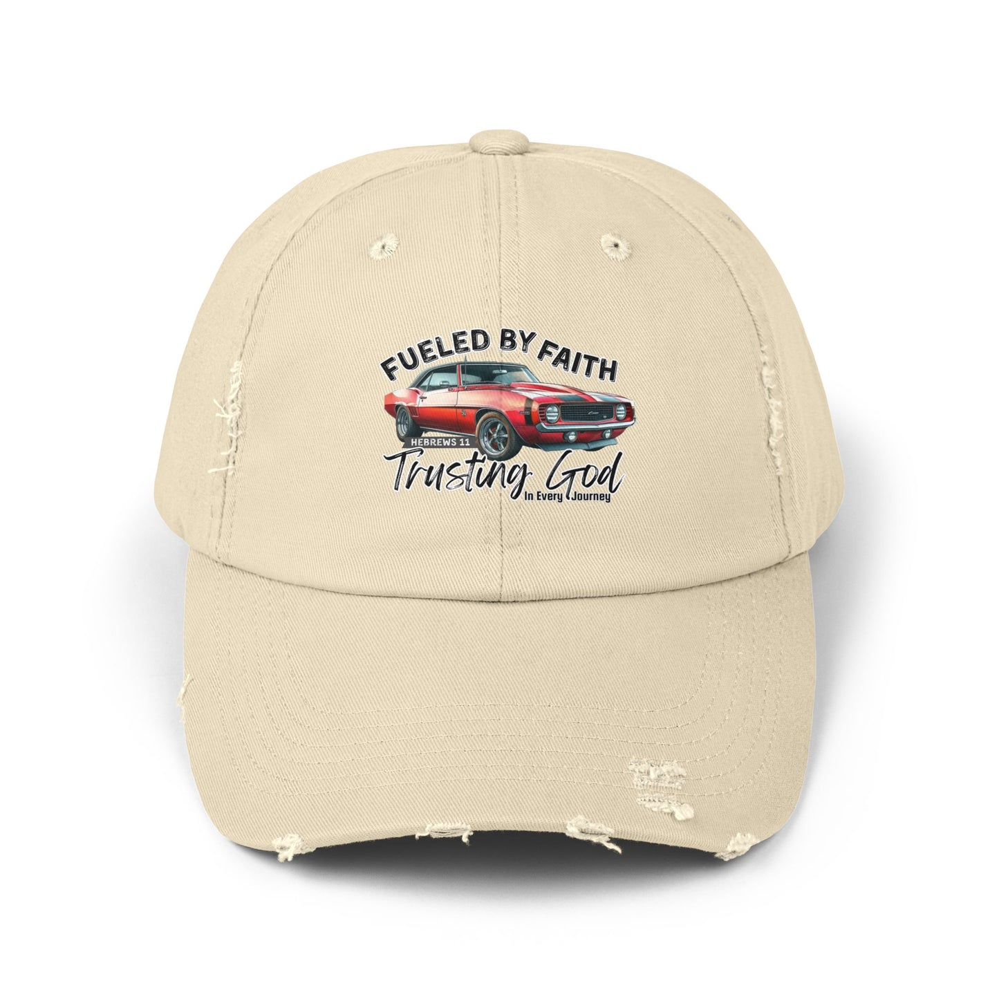 Fueled by Faith Camaro Distressed Trucker Hat – Hebrews 11 Christian Muscle Car Cap