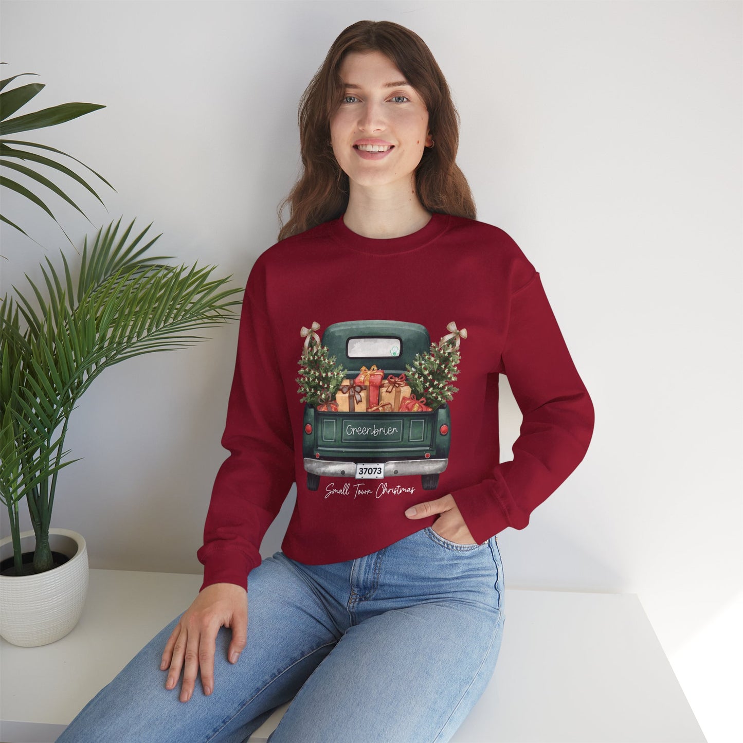 Small Town Christmas Sweatshirt – Vintage Green Truck with Gifts & Trees | Cozy Gildan 18000 Crewneck