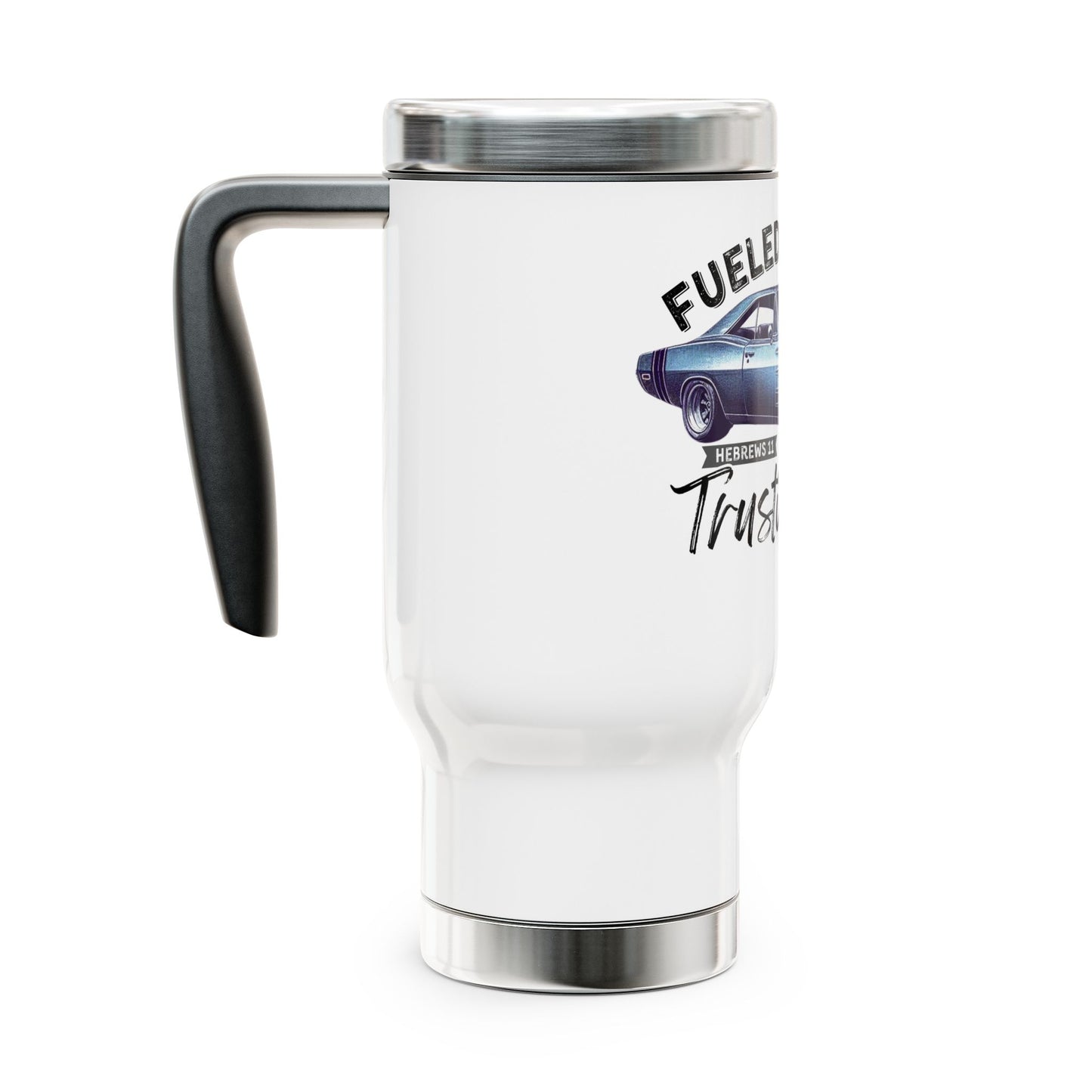 Fueled by Faith Baracuda 14 oz Stainless Steel Travel Mug – Hebrews 11 Christian Muscle Car Tumbler