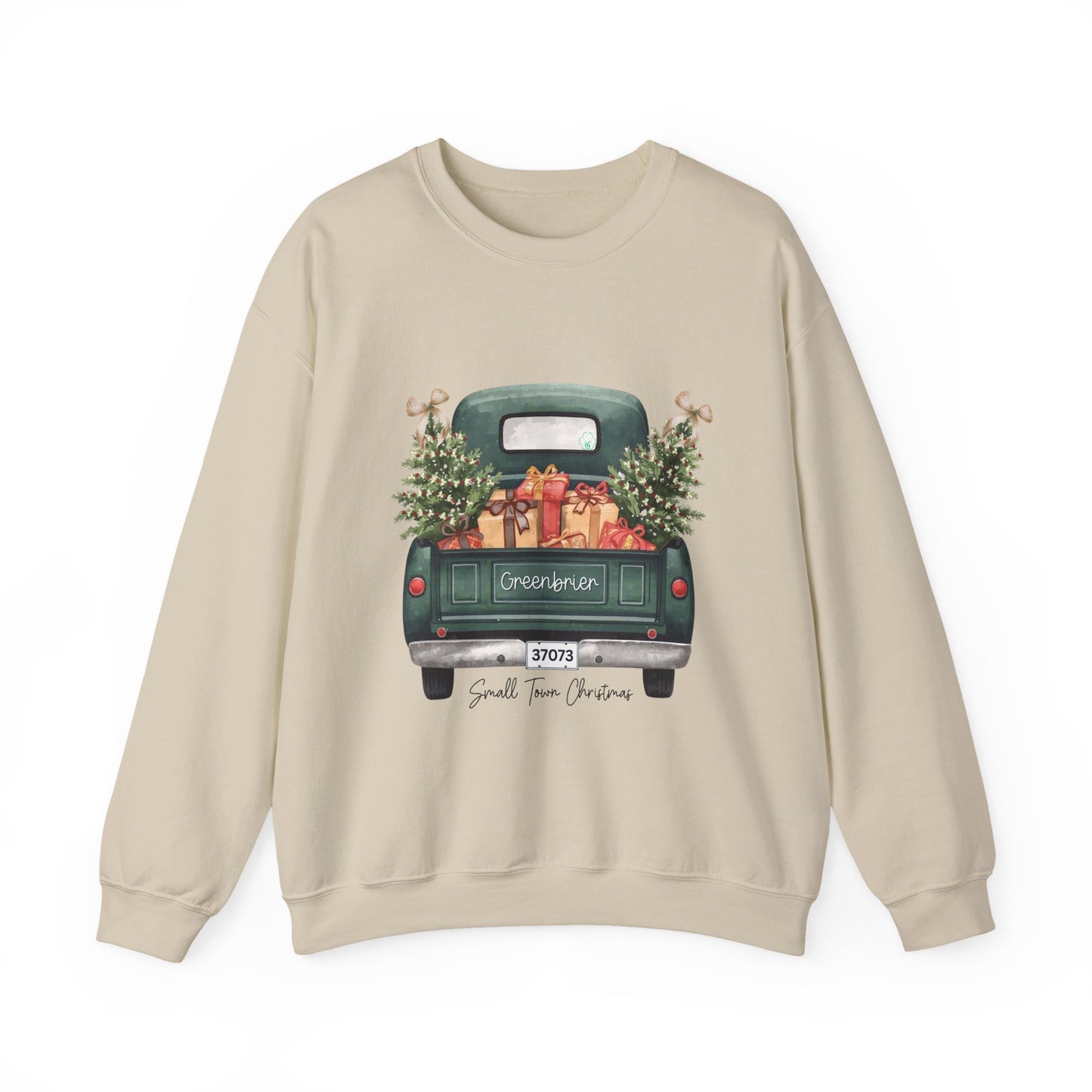 Small Town Christmas Sweatshirt – Vintage Green Truck with Gifts & Trees | Cozy Gildan 18000 Crewneck
