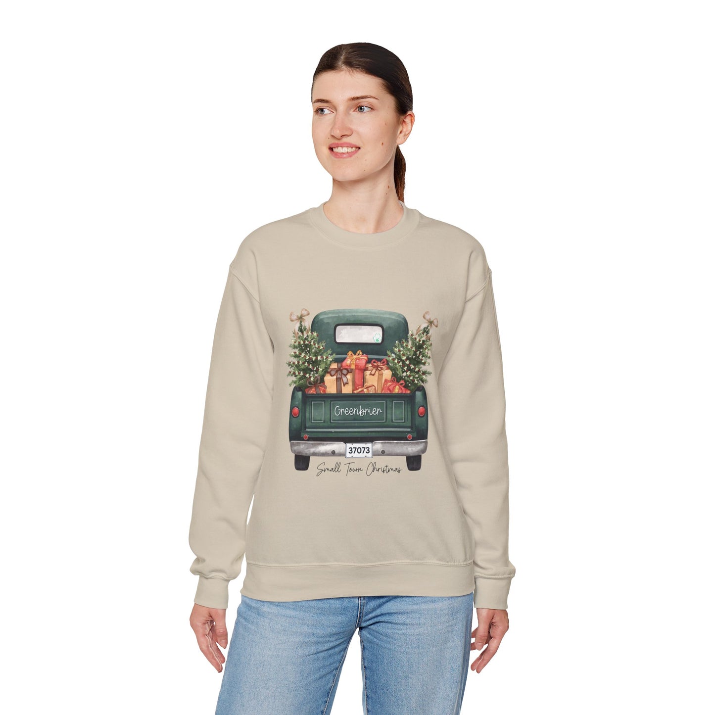 Small Town Christmas Sweatshirt – Vintage Green Truck with Gifts & Trees | Cozy Gildan 18000 Crewneck