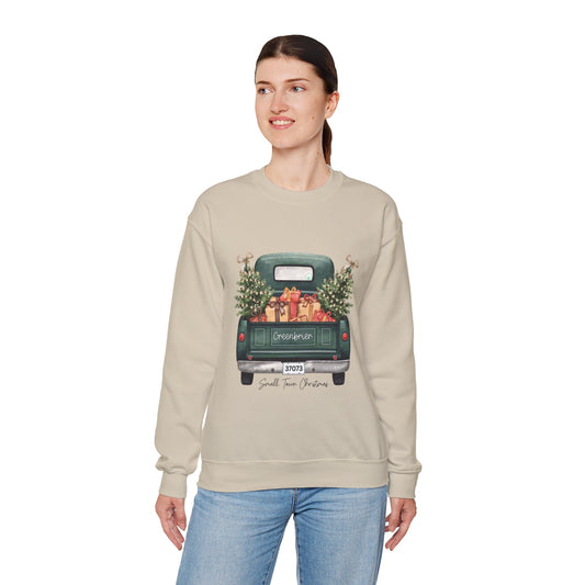 Small Town Christmas Sweatshirt – Vintage Green Truck with Gifts & Trees | Cozy Gildan 18000 Crewneck