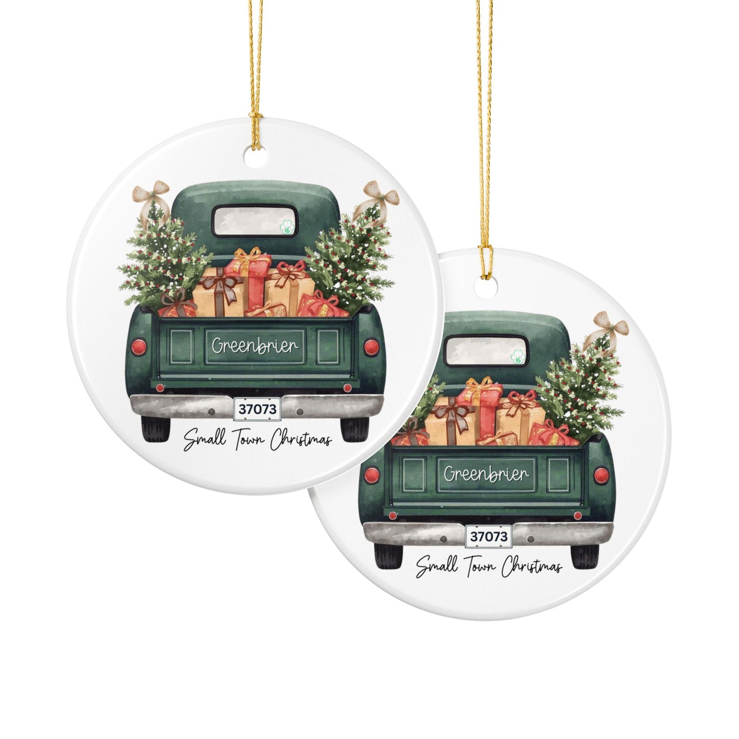 Small Town Christmas Ornament – Vintage Green Truck with Gifts & Trees | Personalized Ceramic Keepsake