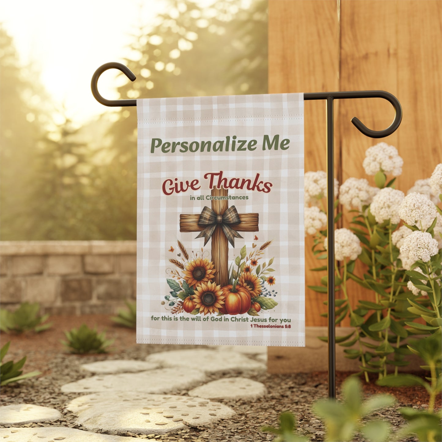 Give Thanks Personalized Garden Flag – Christian Fall Flag with Cross, Sunflowers & Pumpkins | Also in 24.5×32" House Flag Size