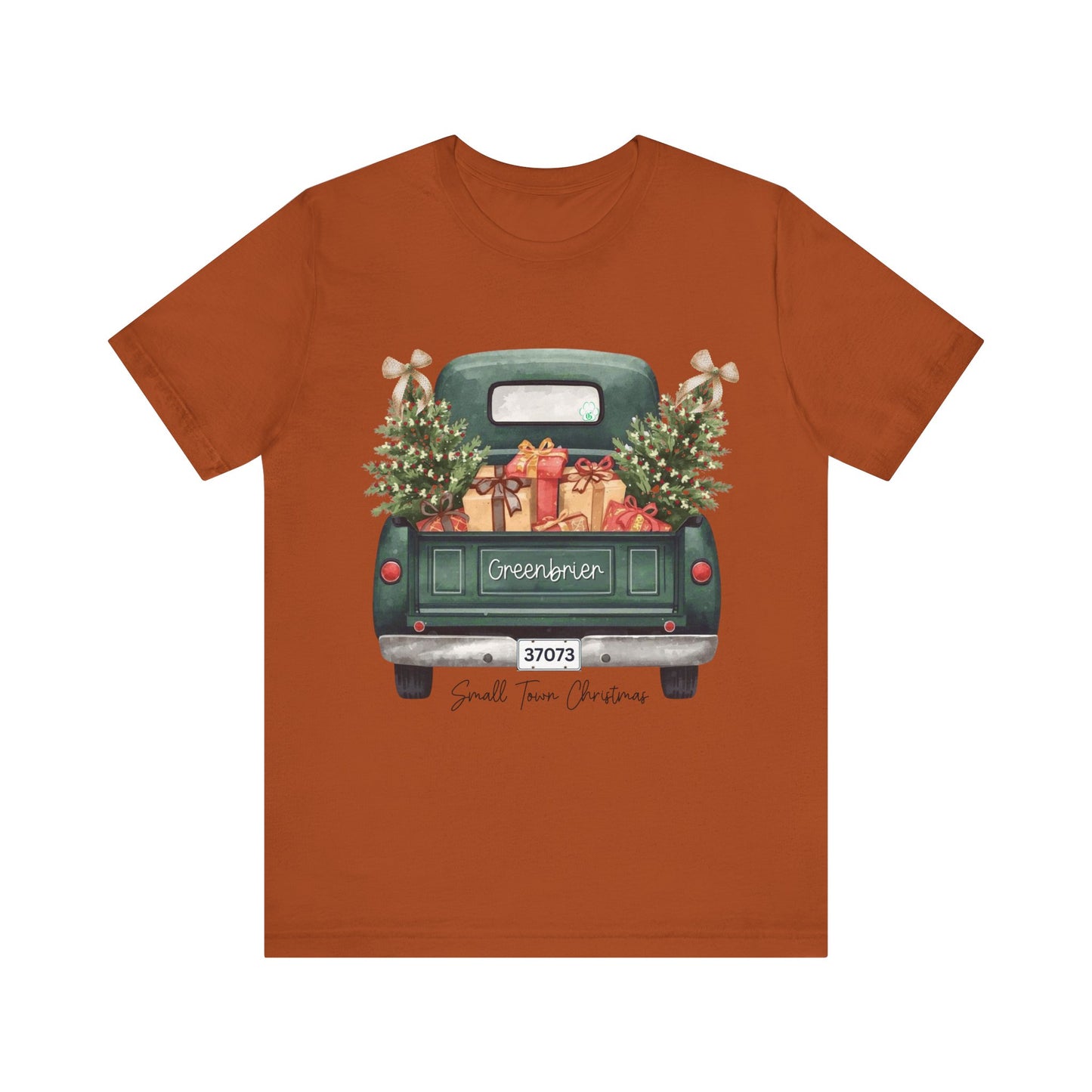 Small Town Christmas T-Shirt – Vintage Green Truck with Gifts & Trees | Personalized Bella Canvas Unisex Tee