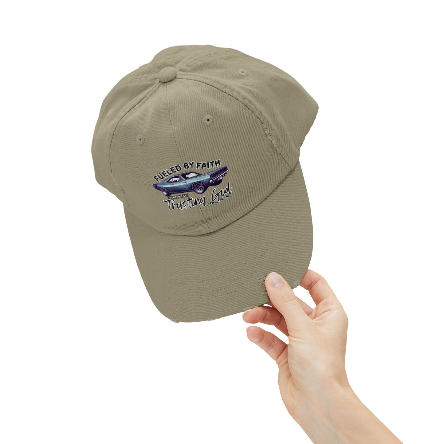 Fueled by Faith Baracuda Distressed Trucker Hat – Hebrews 11 Christian Muscle Car Cap