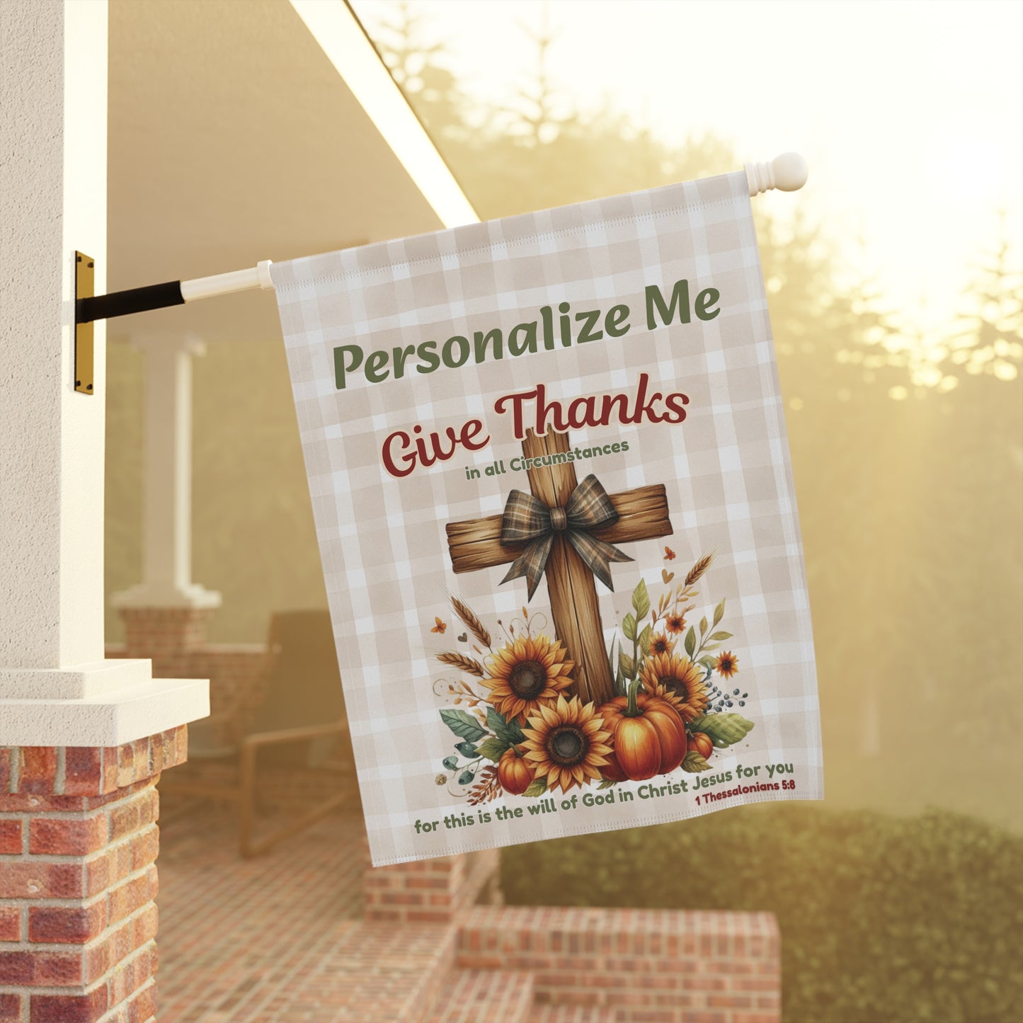 Give Thanks Personalized Garden Flag – Christian Fall Flag with Cross, Sunflowers & Pumpkins | Also in 24.5×32" House Flag Size