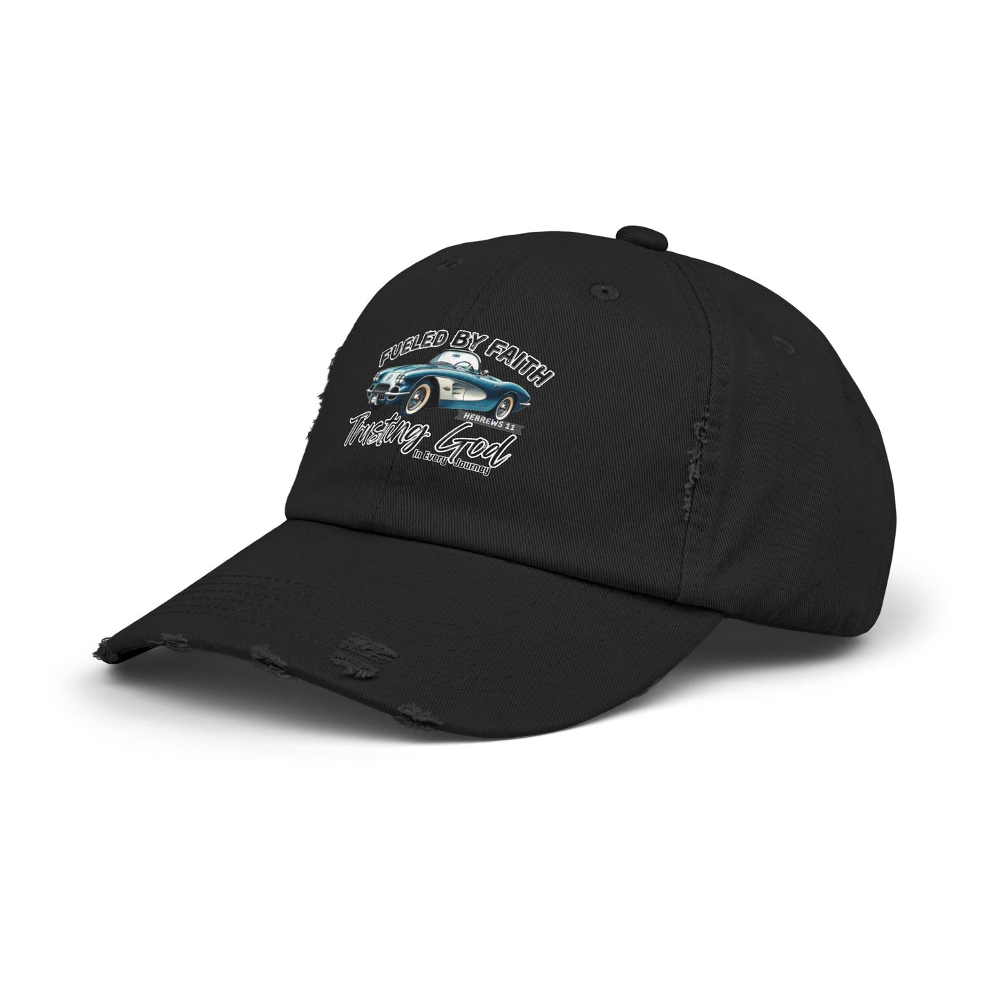 Fueled by Faith Corvette Distressed Trucker Hat Trusting God | Hebrews 11 Christian Car Cap