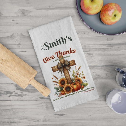 Give Thanks Personalized Tea Towel – Christian Fall Kitchen Towel with Cross, Sunflowers & Pumpkins | Thanksgiving Décor Gift
