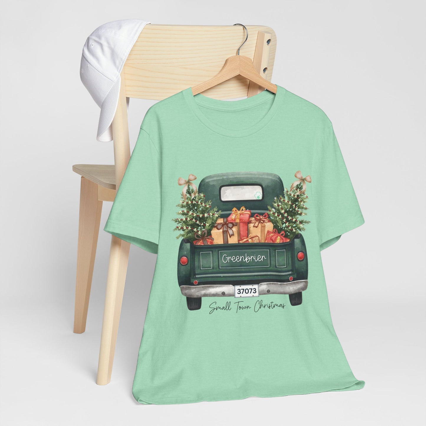 Small Town Christmas T-Shirt – Vintage Green Truck with Gifts & Trees | Personalized Bella Canvas Unisex Tee
