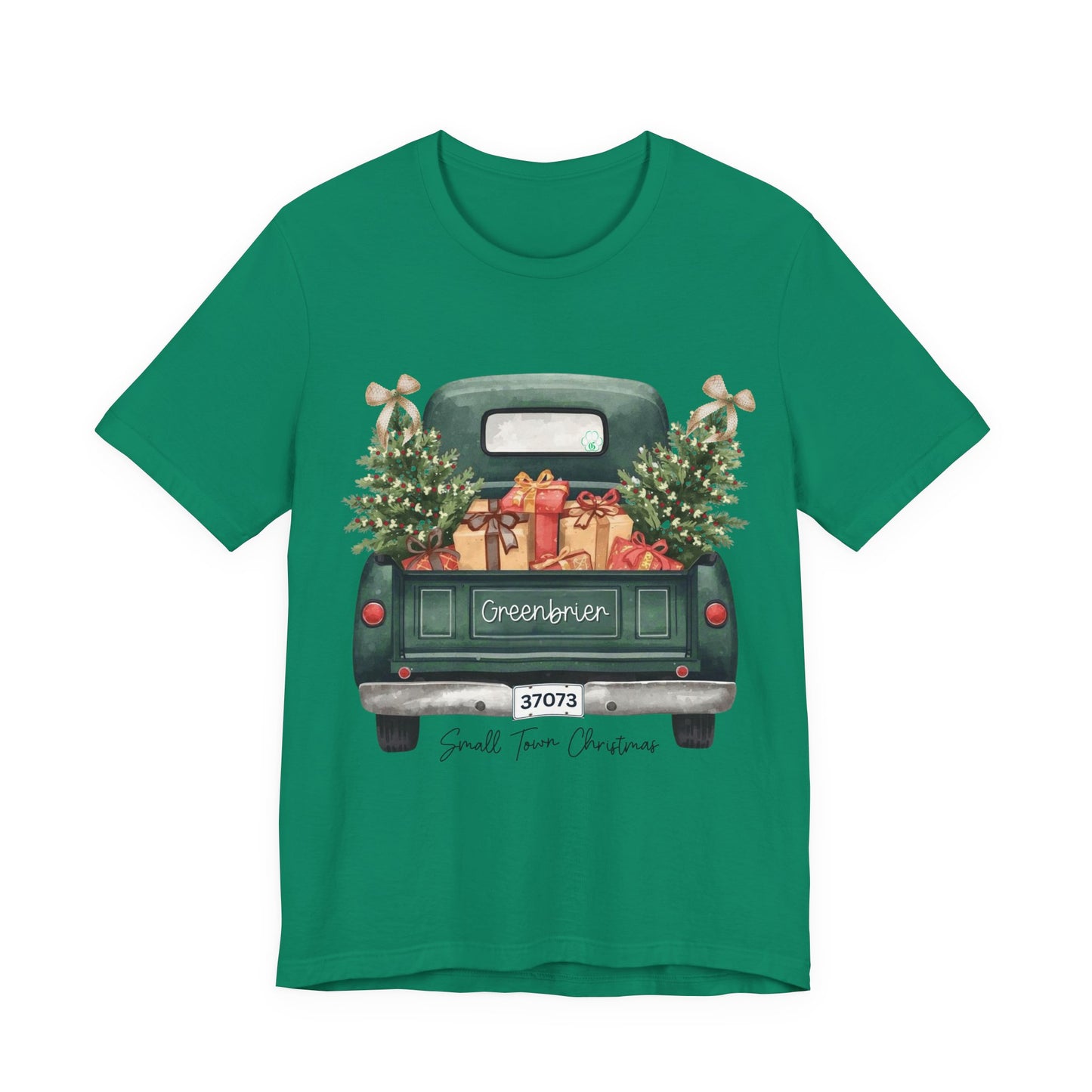 Small Town Christmas T-Shirt – Vintage Green Truck with Gifts & Trees | Personalized Bella Canvas Unisex Tee