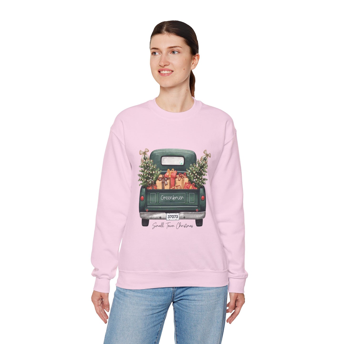 Small Town Christmas Sweatshirt – Vintage Green Truck with Gifts & Trees | Cozy Gildan 18000 Crewneck