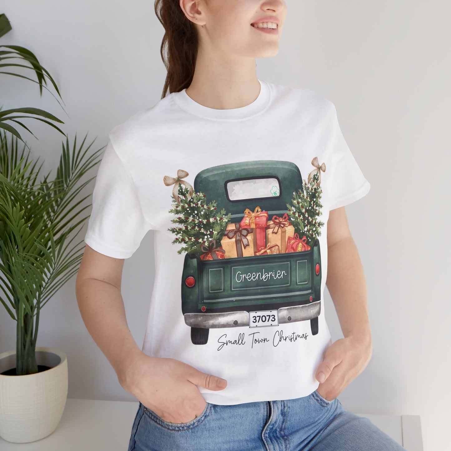 Small Town Christmas T-Shirt – Vintage Green Truck with Gifts & Trees | Personalized Bella Canvas Unisex Tee
