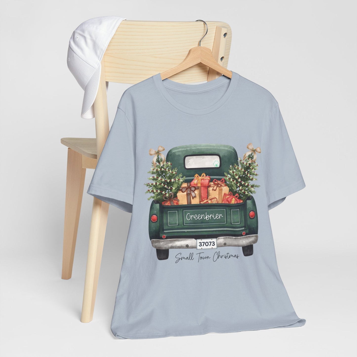 Small Town Christmas T-Shirt – Vintage Green Truck with Gifts & Trees | Personalized Bella Canvas Unisex Tee