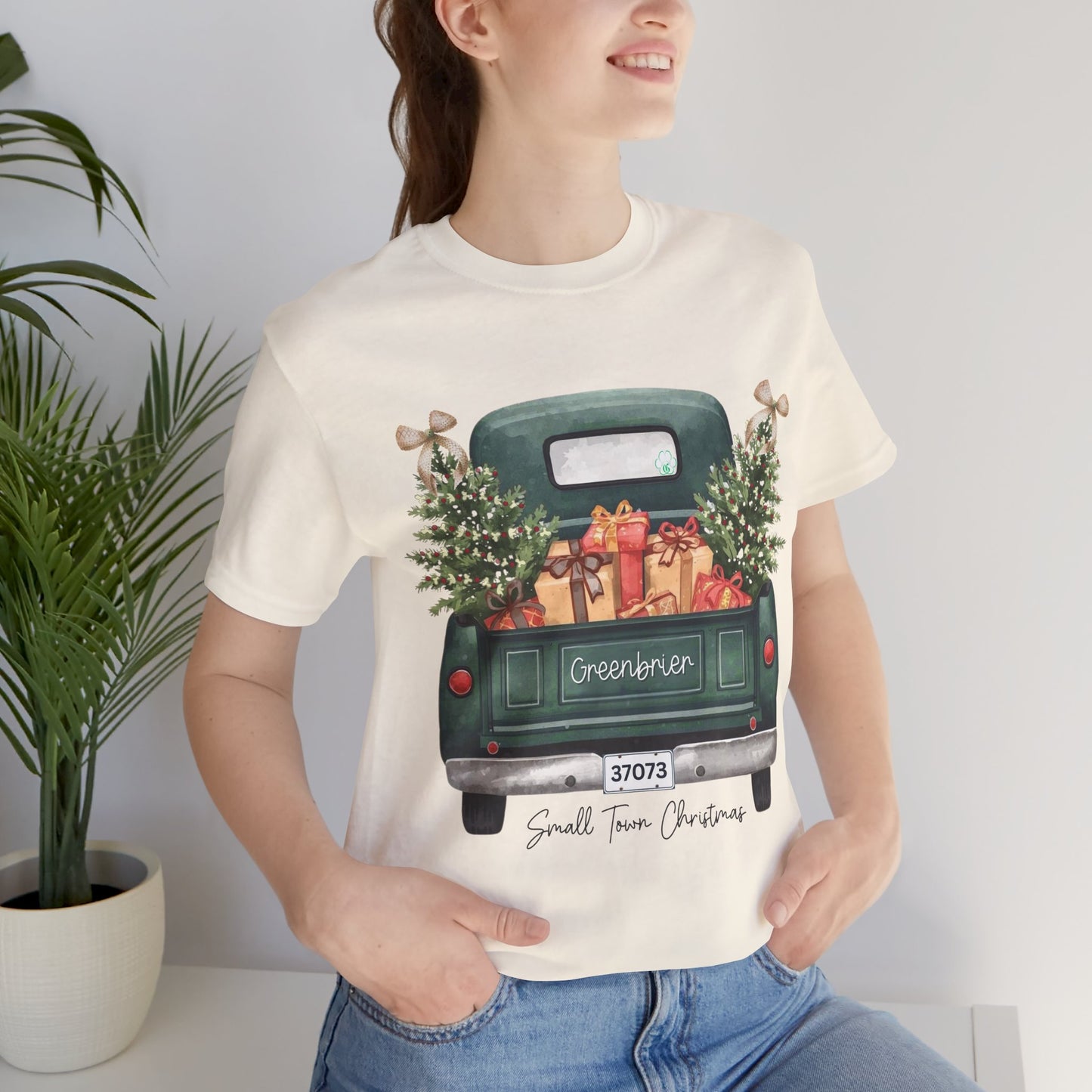 Small Town Christmas T-Shirt – Vintage Green Truck with Gifts & Trees | Personalized Bella Canvas Unisex Tee