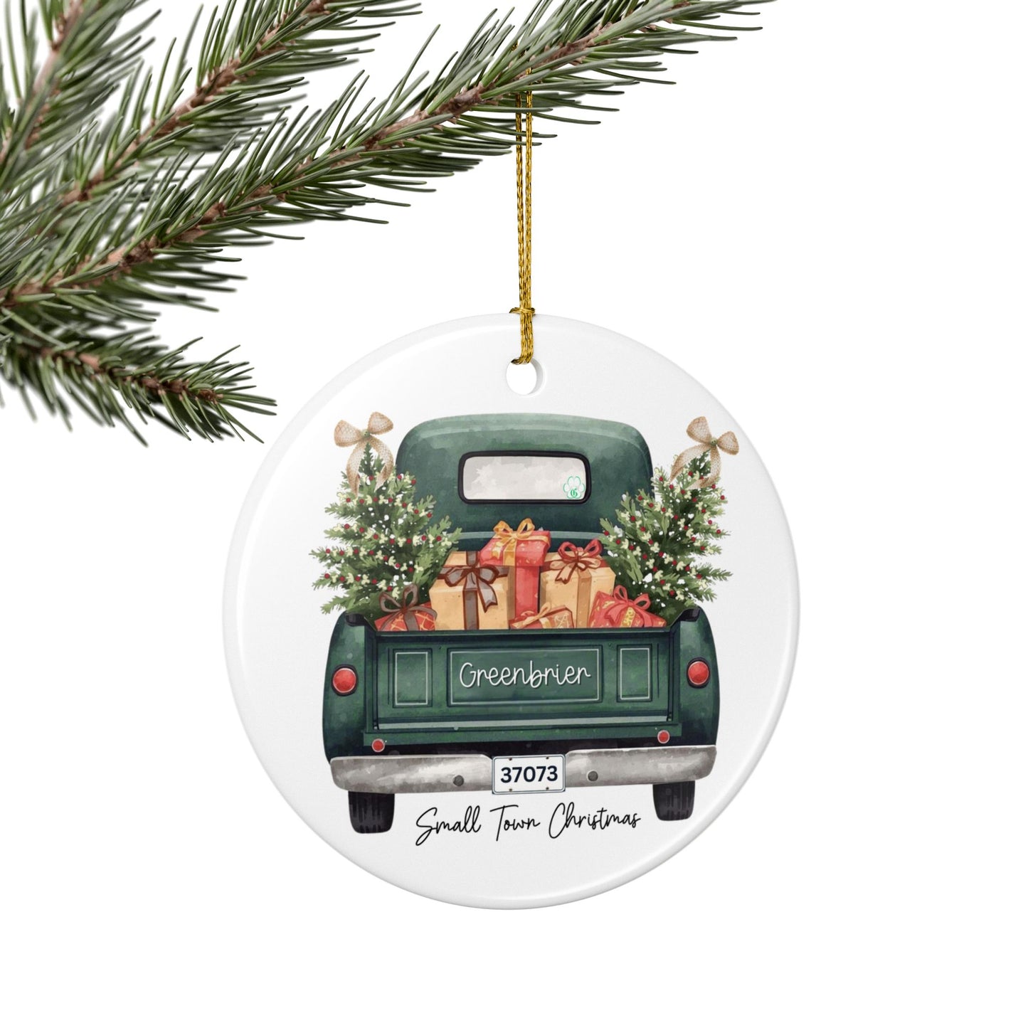 Small Town Christmas Ornament – Vintage Green Truck with Gifts & Trees | Personalized Ceramic Keepsake