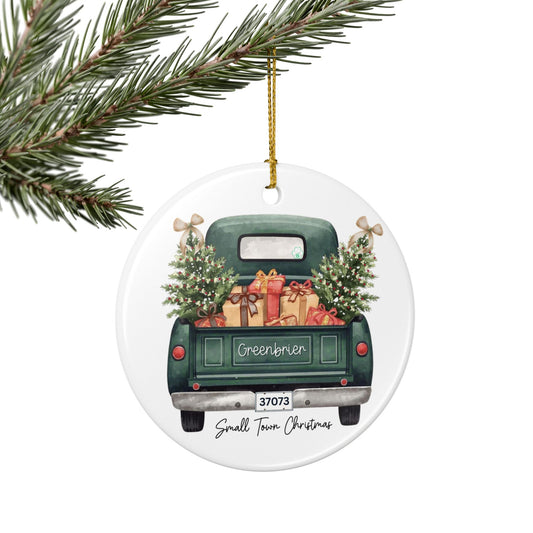 Small Town Christmas Ornament – Vintage Green Truck with Gifts & Trees | Personalized Ceramic Keepsake