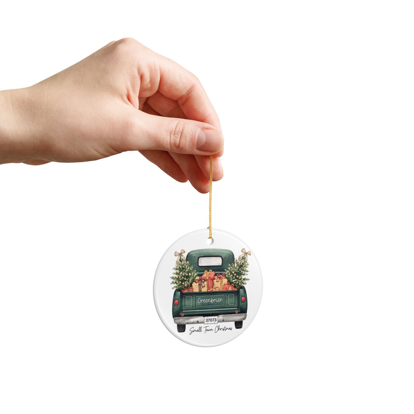 Small Town Christmas Ornament – Vintage Green Truck with Gifts & Trees | Personalized Ceramic Keepsake