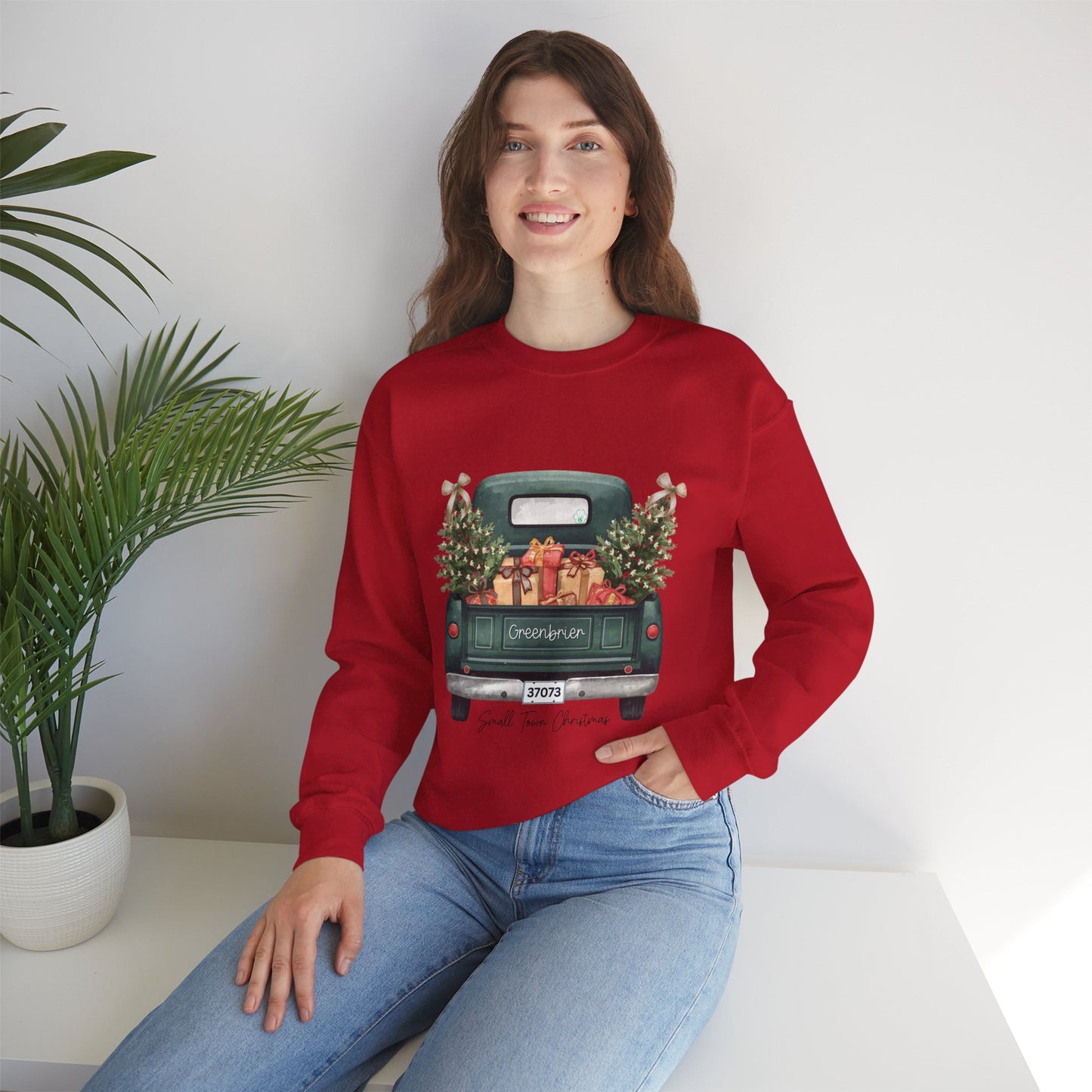 Small Town Christmas Sweatshirt – Vintage Green Truck with Gifts & Trees | Cozy Gildan 18000 Crewneck