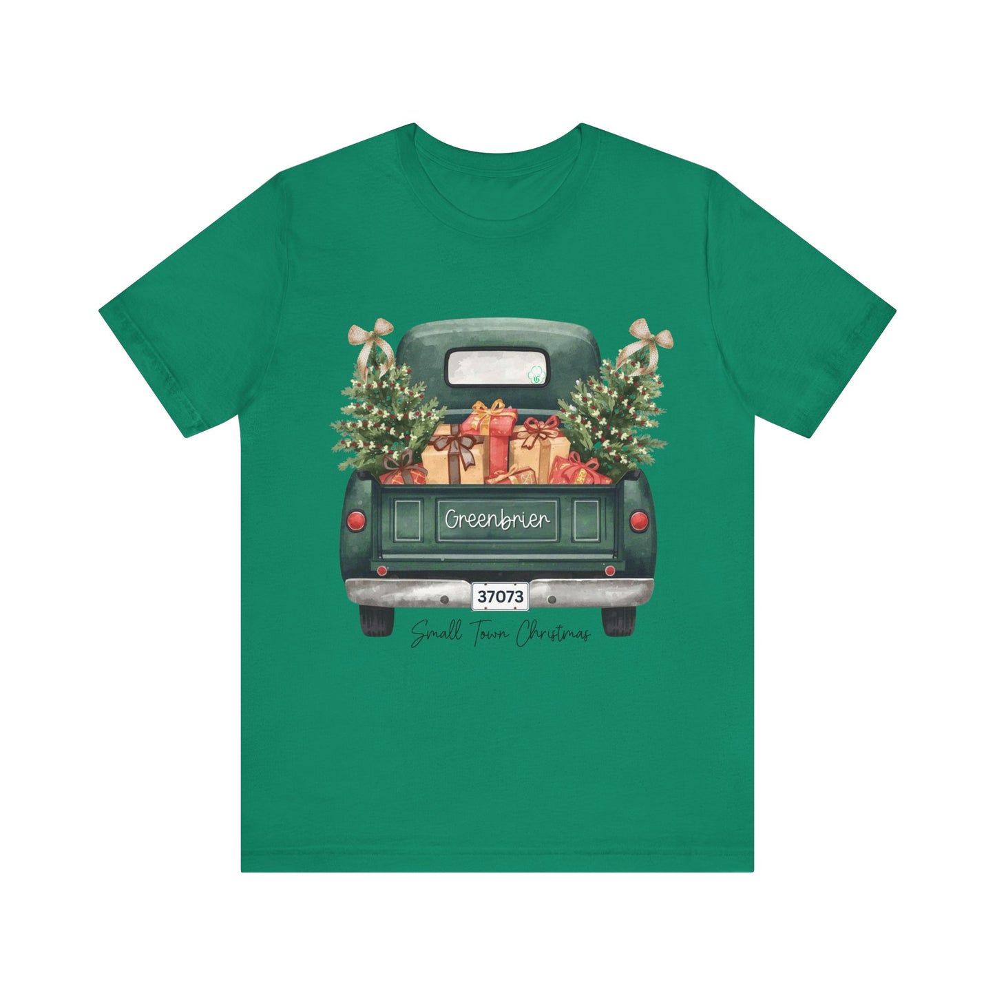 Small Town Christmas T-Shirt – Vintage Green Truck with Gifts & Trees | Personalized Bella Canvas Unisex Tee