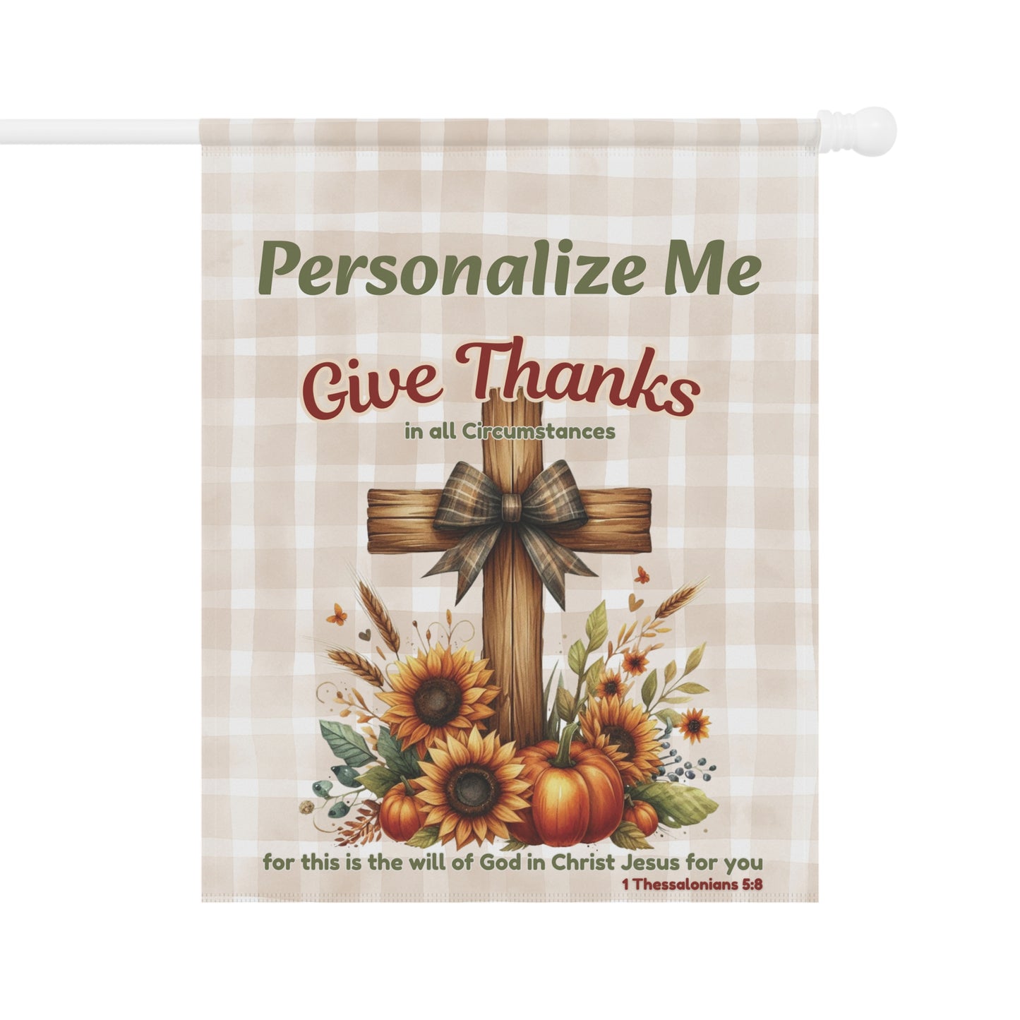 Give Thanks Personalized Garden Flag – Christian Fall Flag with Cross, Sunflowers & Pumpkins | Also in 24.5×32" House Flag Size