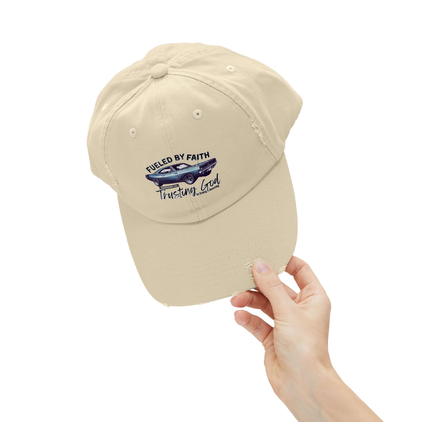 Fueled by Faith Baracuda Distressed Trucker Hat – Hebrews 11 Christian Muscle Car Cap