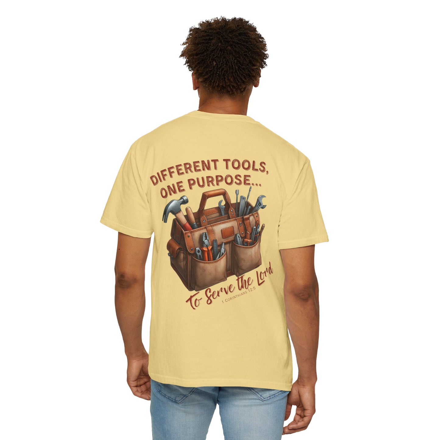 Comfort Colors Christian T-Shirt – “Different Tools, One Purpose” Bible Verse Tee (1 Corinthians 12:5)