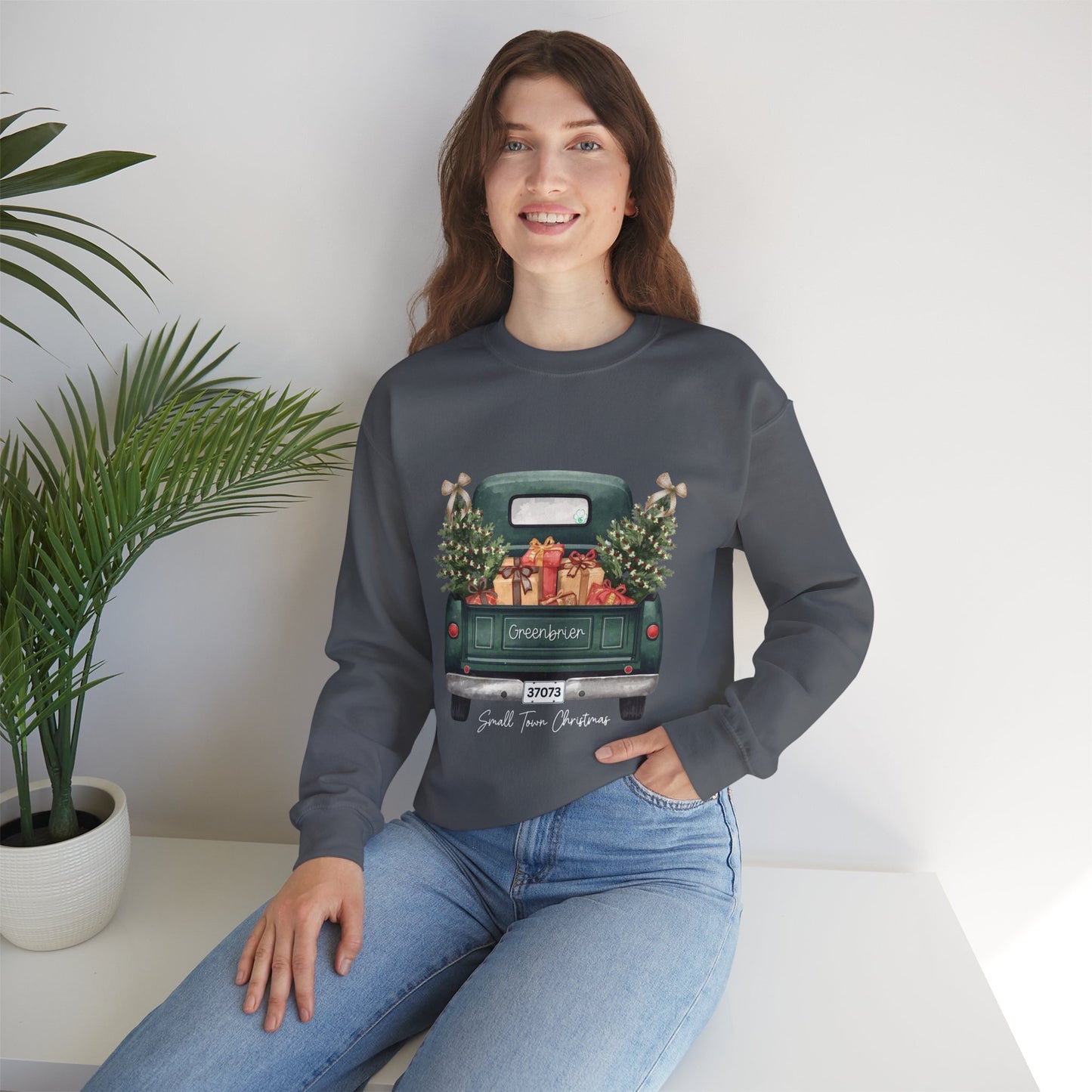 Small Town Christmas Sweatshirt – Vintage Green Truck with Gifts & Trees | Cozy Gildan 18000 Crewneck