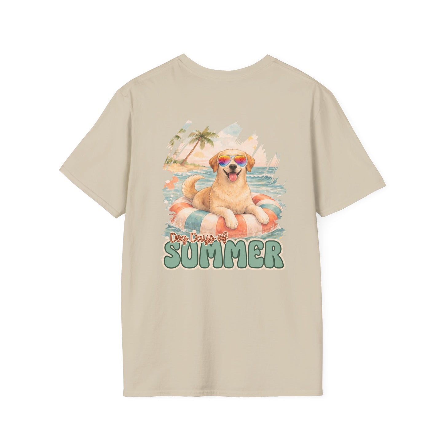 Golden Lab Beach Tee – Retro Summer Dog Shirt with Sunglasses | Coastal Back Graphic + Palm Chest Print
