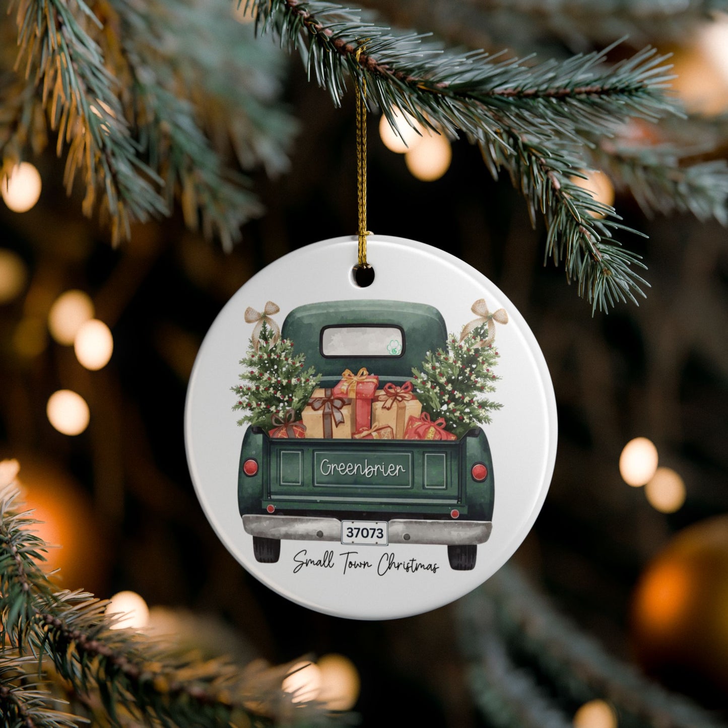 Small Town Christmas Ornament – Vintage Green Truck with Gifts & Trees | Personalized Ceramic Keepsake