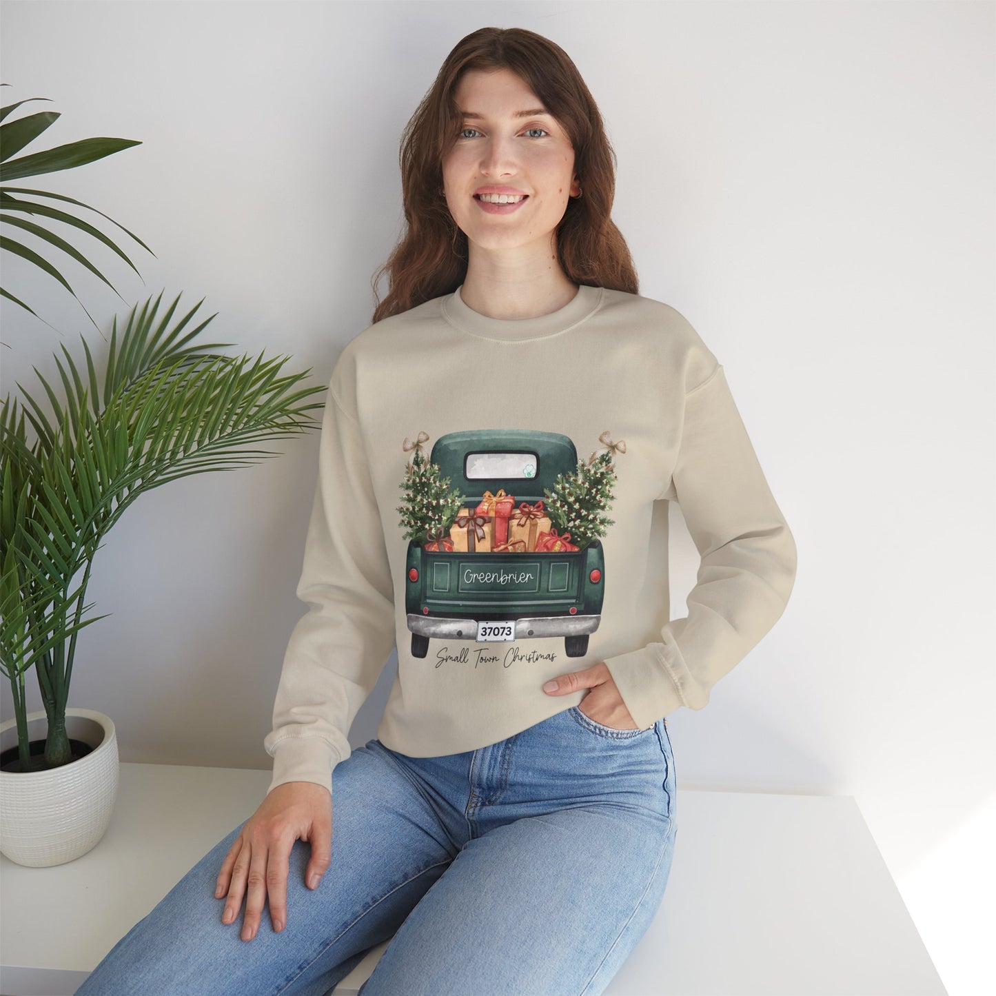 Small Town Christmas Sweatshirt – Vintage Green Truck with Gifts & Trees | Cozy Gildan 18000 Crewneck