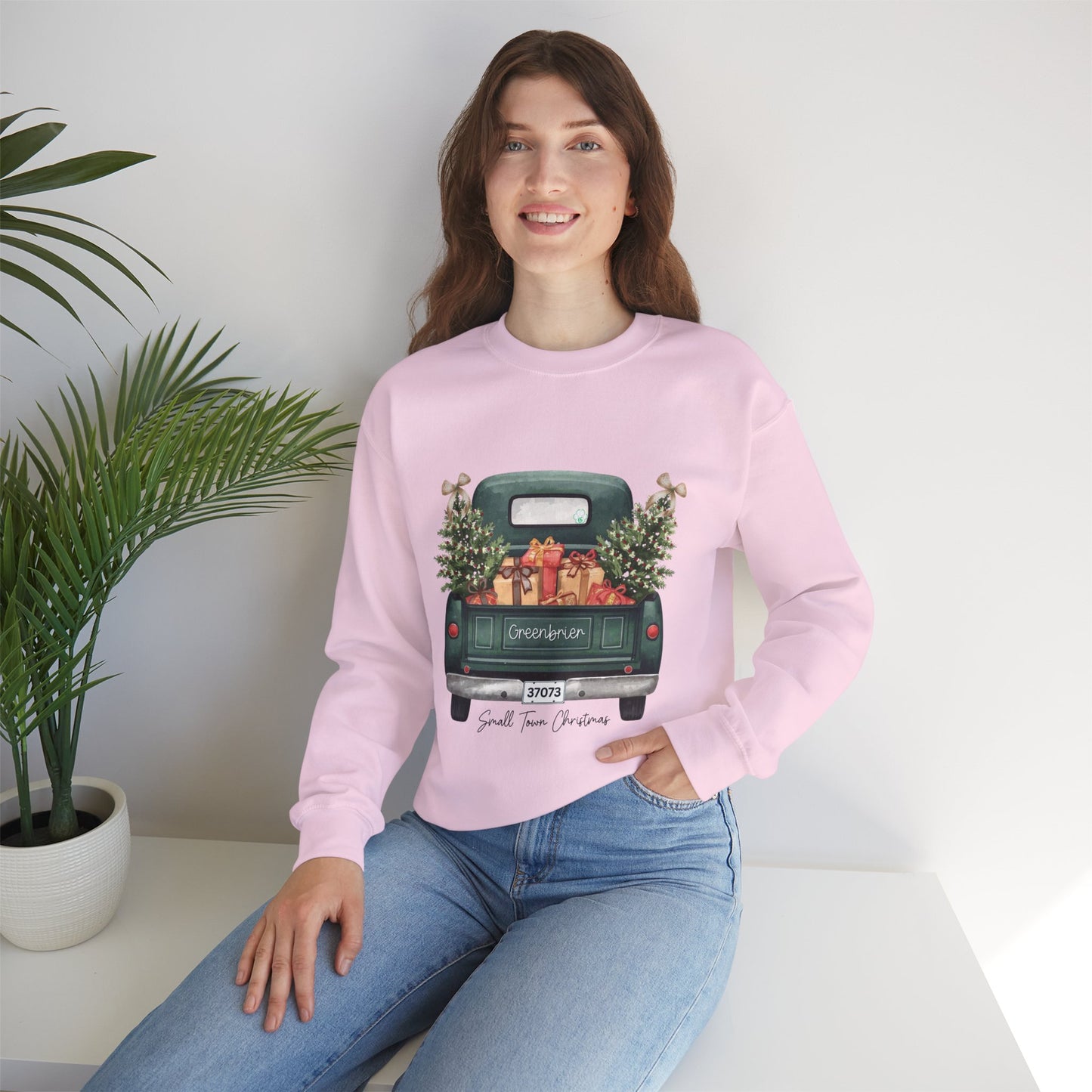 Small Town Christmas Sweatshirt – Vintage Green Truck with Gifts & Trees | Cozy Gildan 18000 Crewneck