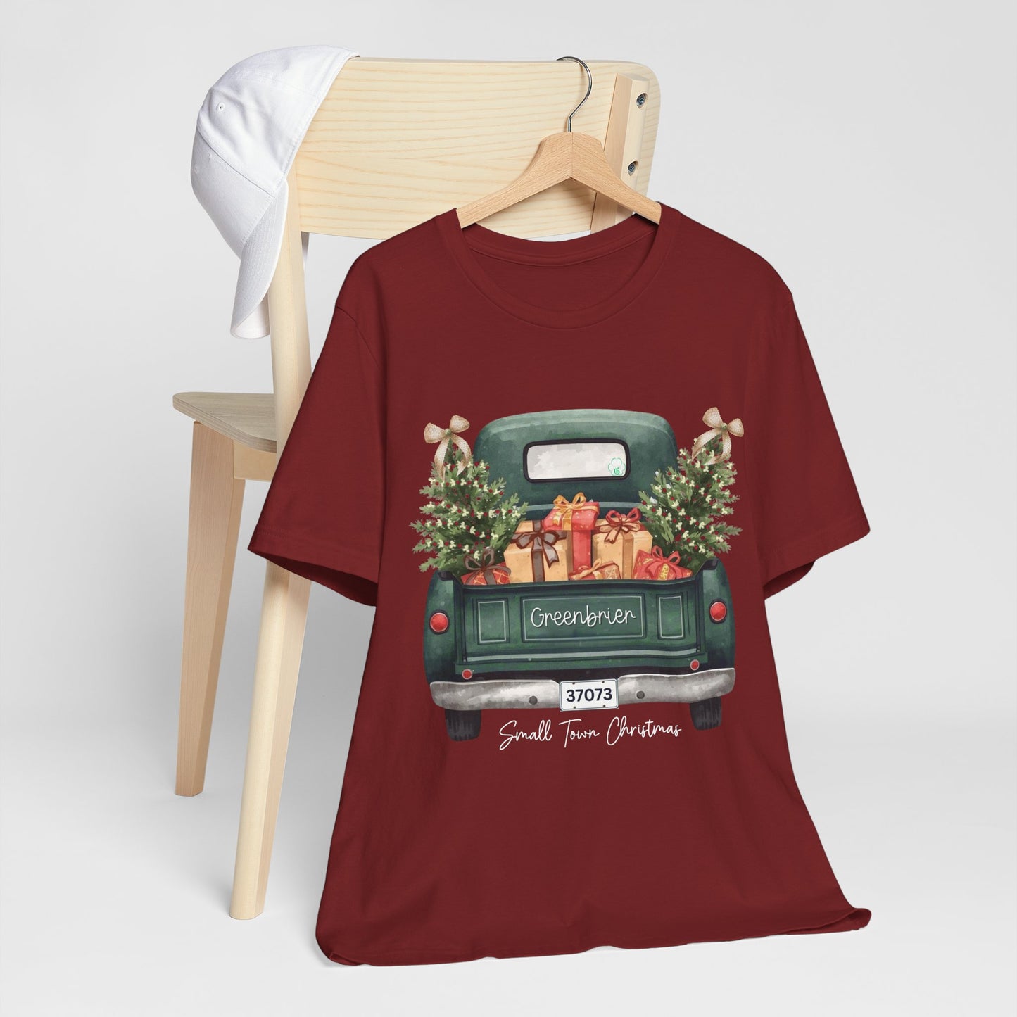 Small Town Christmas T-Shirt – Vintage Green Truck with Gifts & Trees | Personalized Bella Canvas Unisex Tee