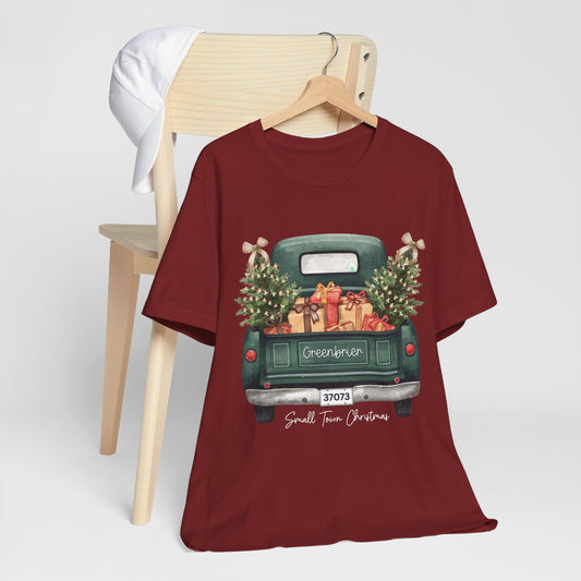 Small Town Christmas T-Shirt – Vintage Green Truck with Gifts & Trees | Personalized Bella Canvas Unisex Tee