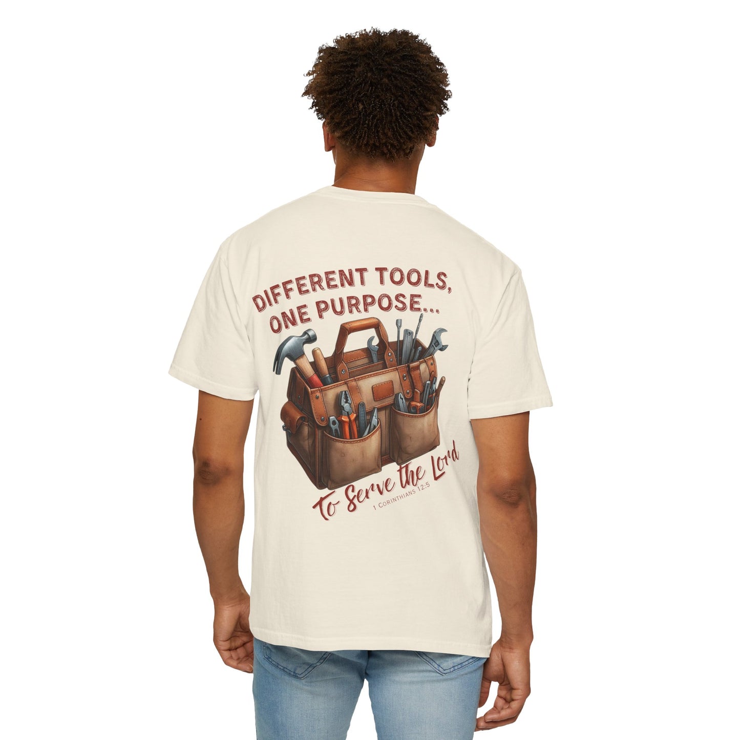 Christian T-Shirt with Equipped by God and Different Tools One Purpose scripture designs