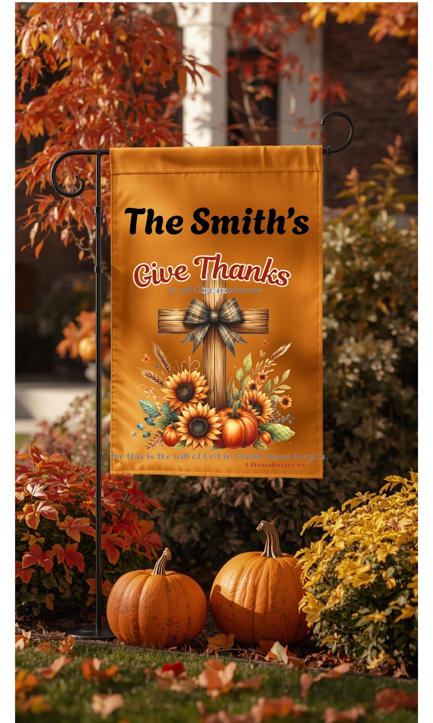Personalized Christian Fall Garden Flag – Double Sided “Give Thanks” Scripture Flag with Cross, Sunflowers & Pumpkins (Custom Name Option)