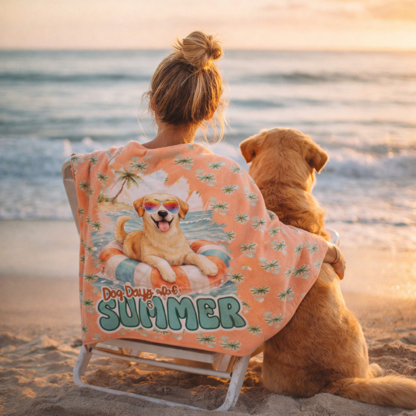 Dog Days of Summer Beach Towel – Cute Golden Lab Coastal Towel | Retro Tropical Pool & Beach Towel
