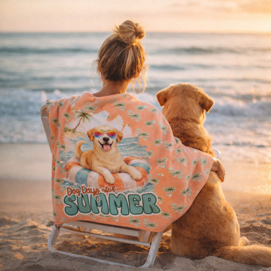 Dog Days of Summer Beach Towel – Cute Golden Lab Coastal Towel | Retro Tropical Pool & Beach Towel