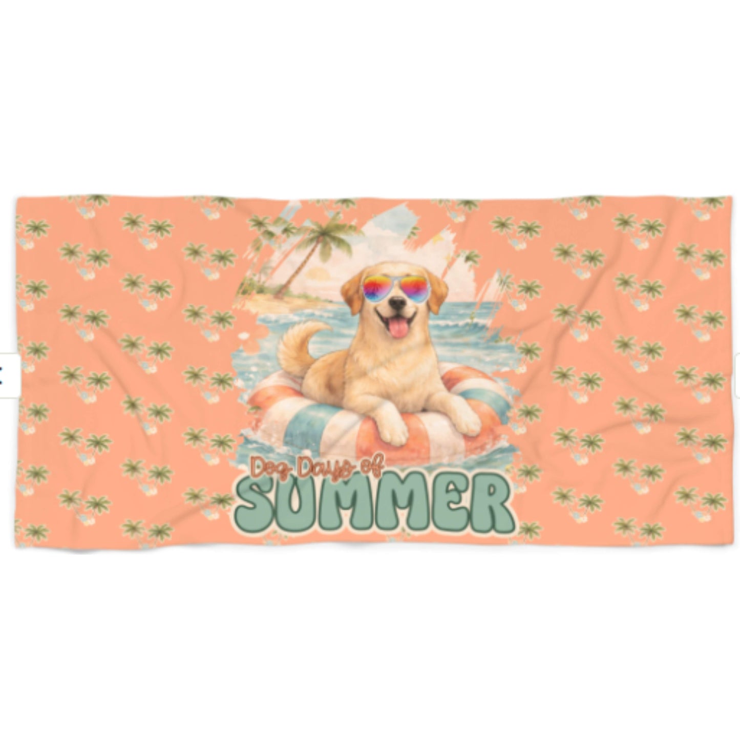 Dog Days of Summer Beach Towel – Cute Golden Lab Coastal Towel | Retro Tropical Pool & Beach Towel