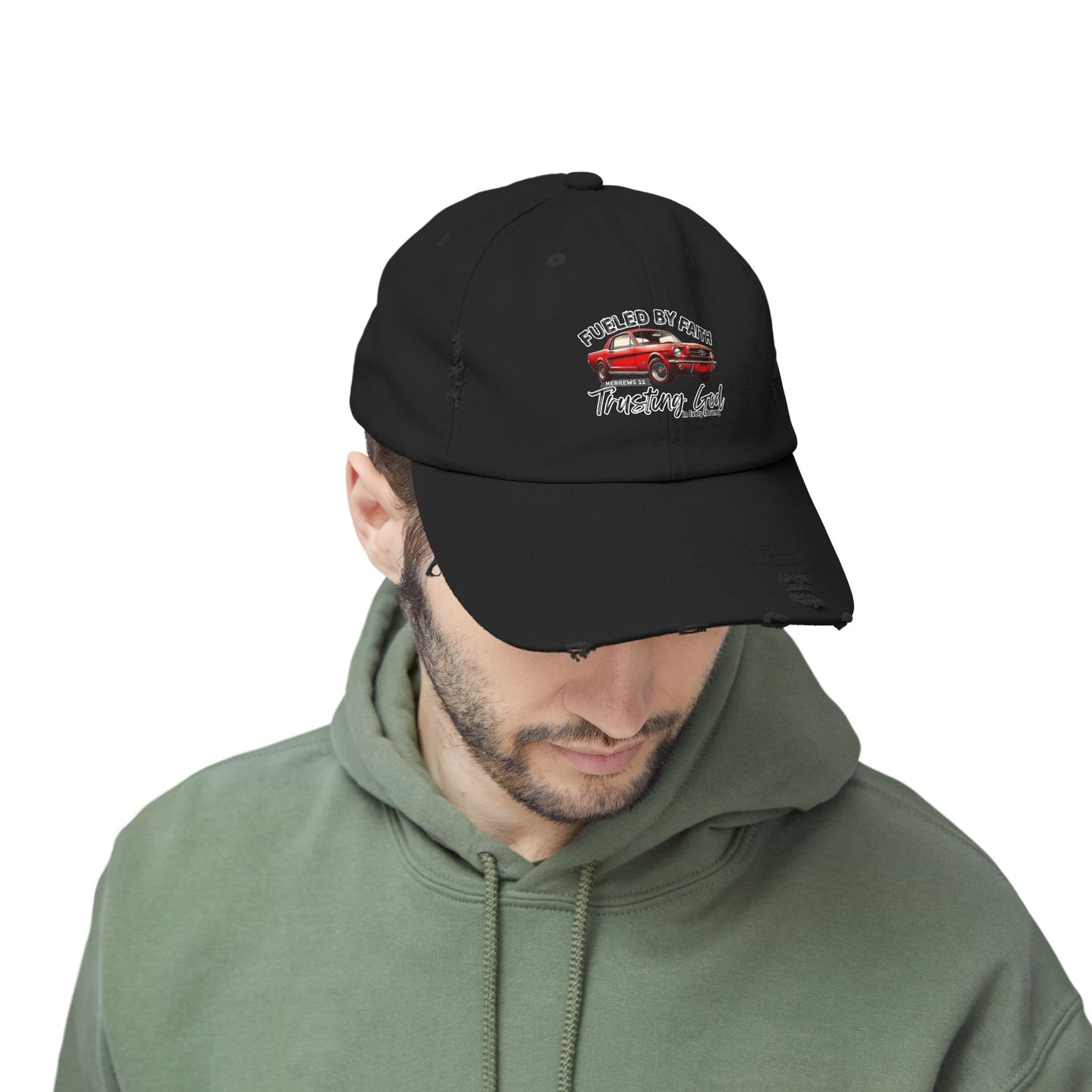 Fueled by Faith Mustang Distressed Trucker Hat – Hebrews 11 Christian Muscle Car Cap