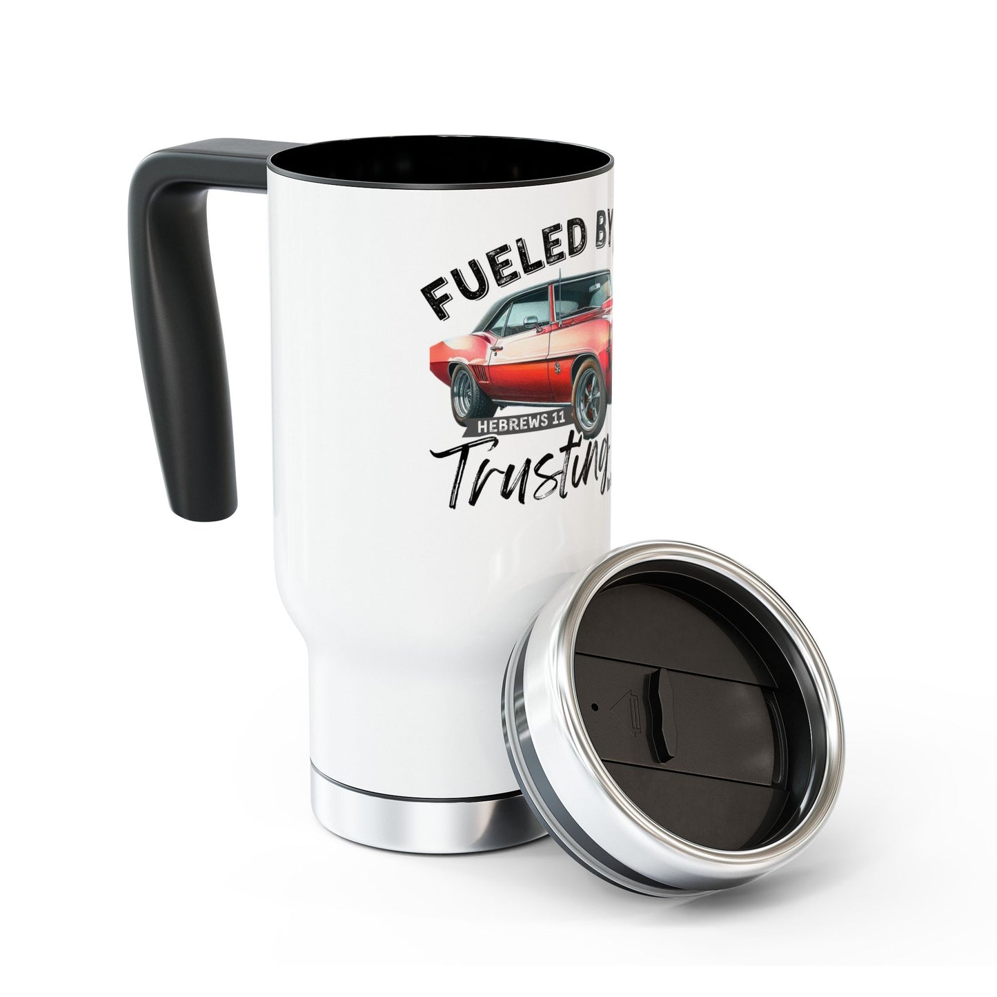 Fueled by Faith Camaro 14 oz Stainless Steel Travel Mug – Hebrews 11 Christian Muscle Car Tumbler