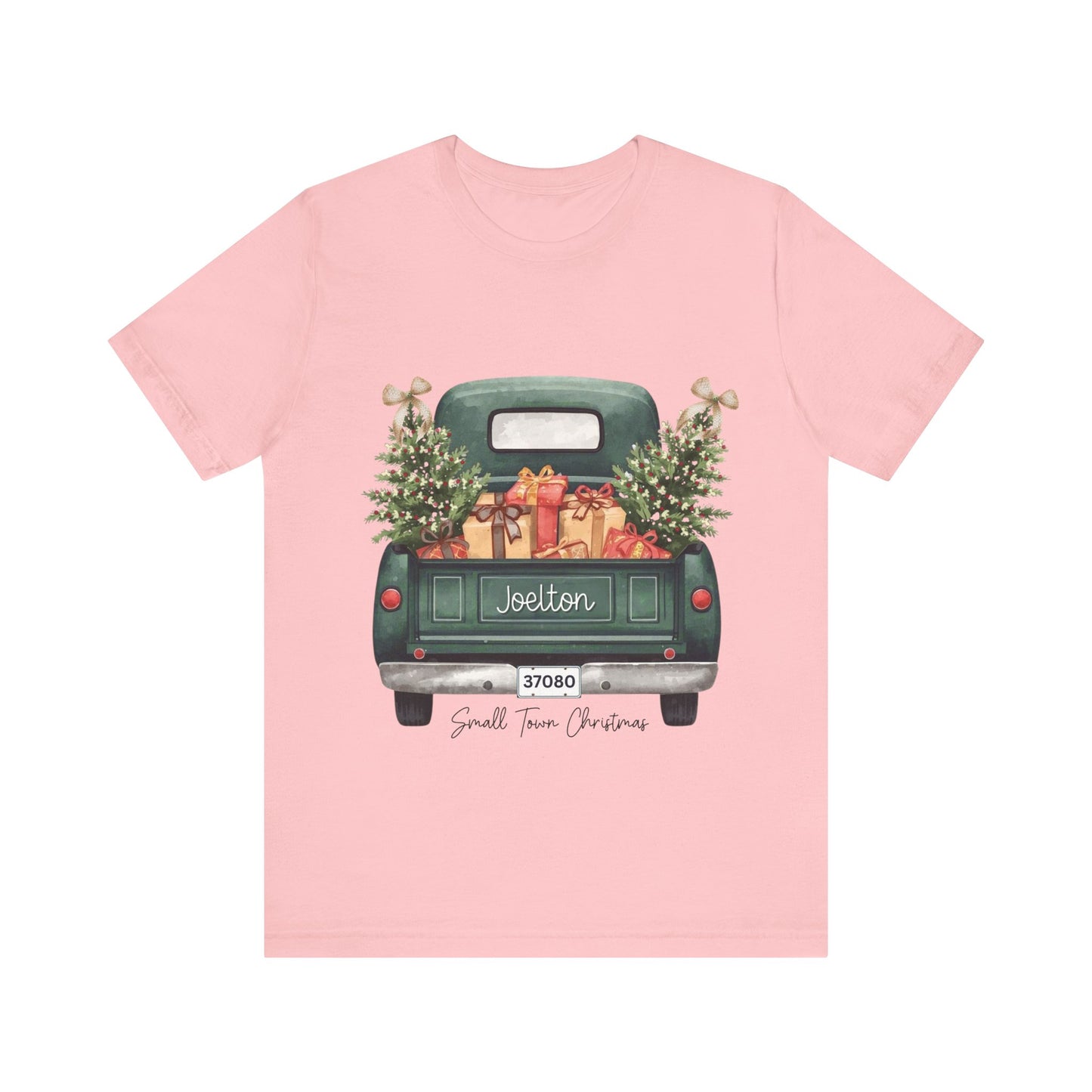 Small Town Christmas T-Shirt – Vintage Green Truck with Gifts & Trees | Personalized Bella Canvas Unisex Tee