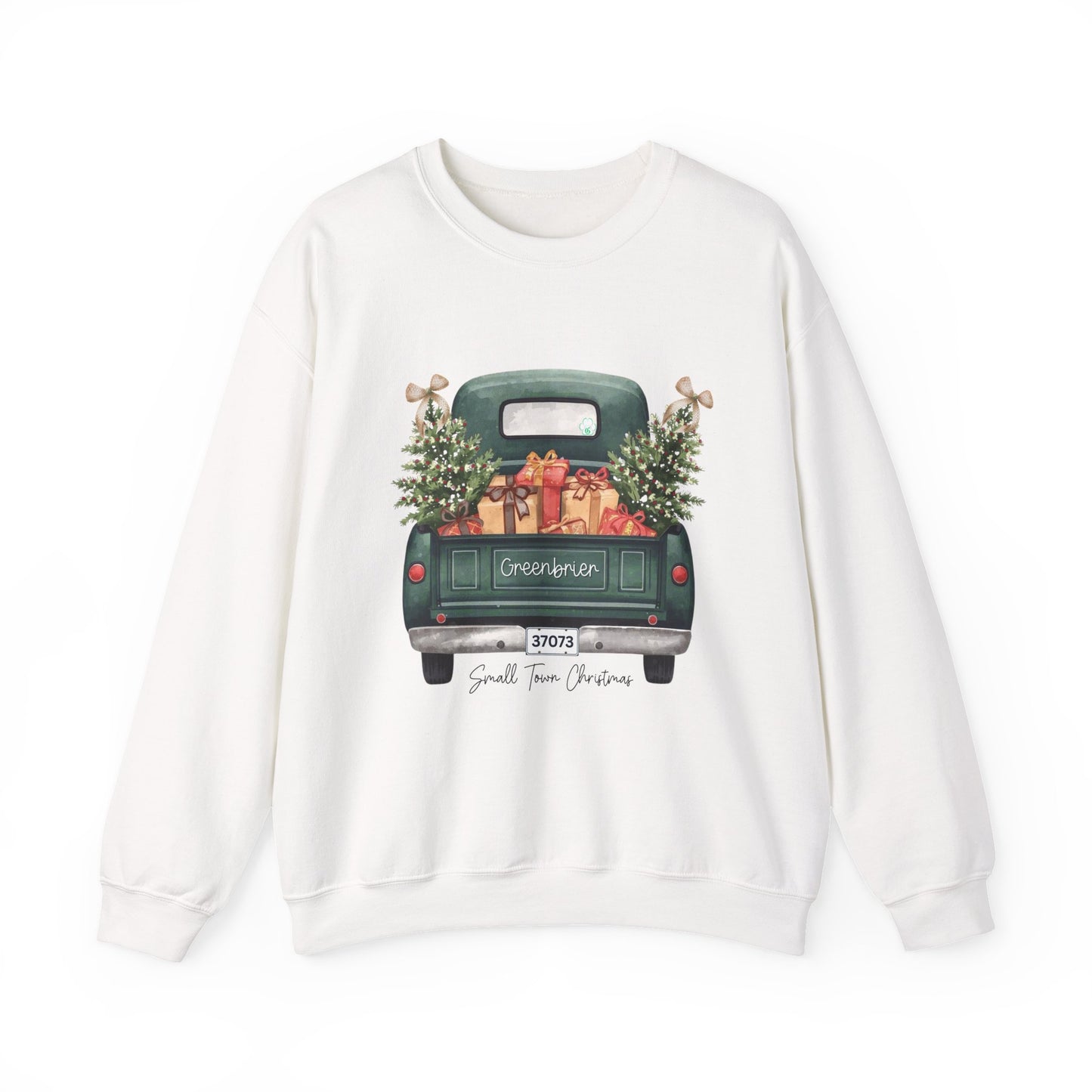 Small Town Christmas Sweatshirt – Vintage Green Truck with Gifts & Trees | Cozy Gildan 18000 Crewneck