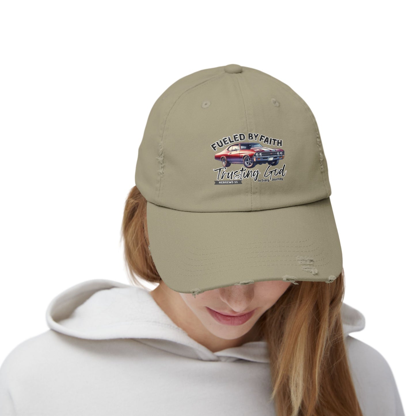 Fueled by Faith Chevelle Distressed Trucker Hat – Hebrews 11 Christian Muscle Car Cap
