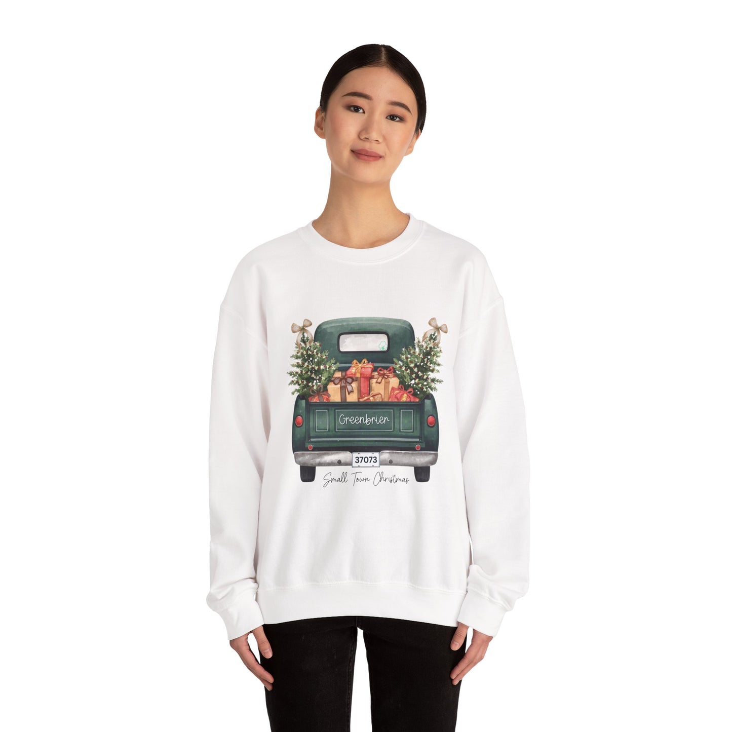 Small Town Christmas Sweatshirt – Vintage Green Truck with Gifts & Trees | Cozy Gildan 18000 Crewneck