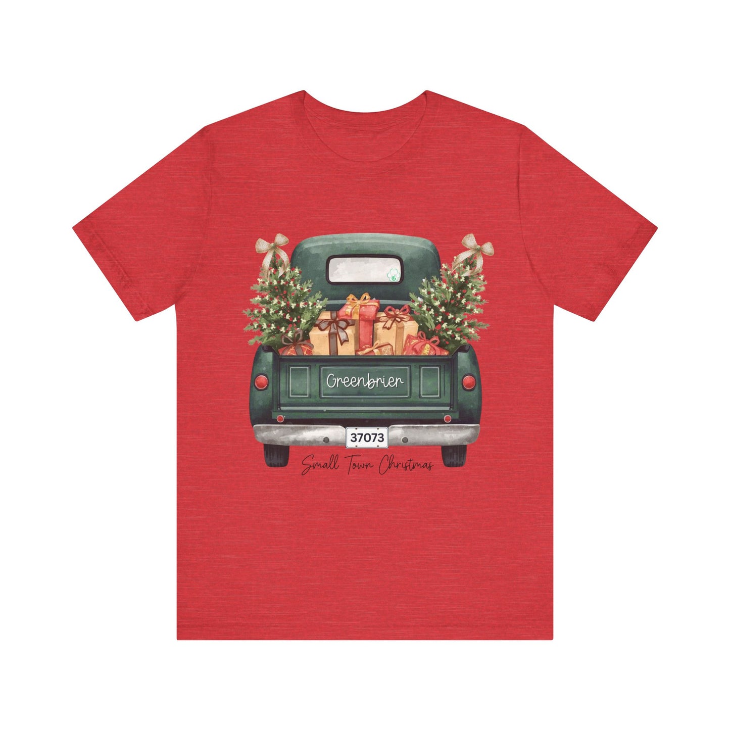 Small Town Christmas T-Shirt – Vintage Green Truck with Gifts & Trees | Personalized Bella Canvas Unisex Tee