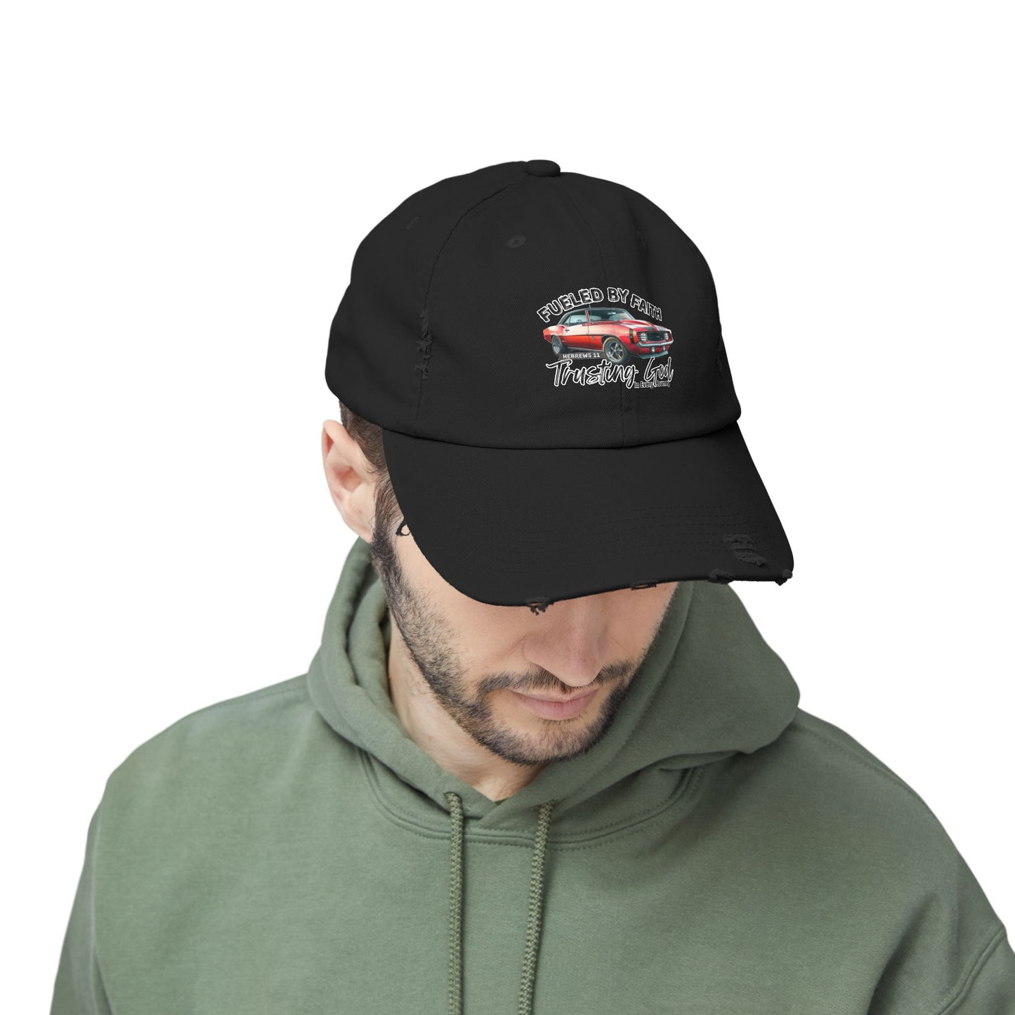 Fueled by Faith Camaro Distressed Trucker Hat – Hebrews 11 Christian Muscle Car Cap