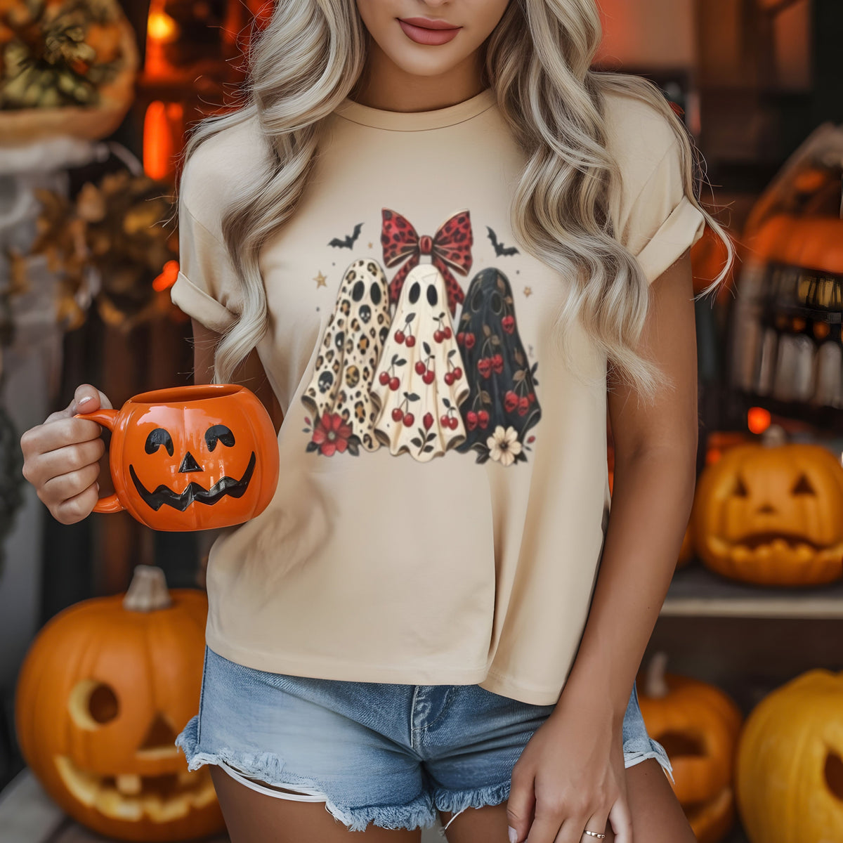Three Ghosts Halloween T-Shirt | Leopard Cherry Spooky Tee