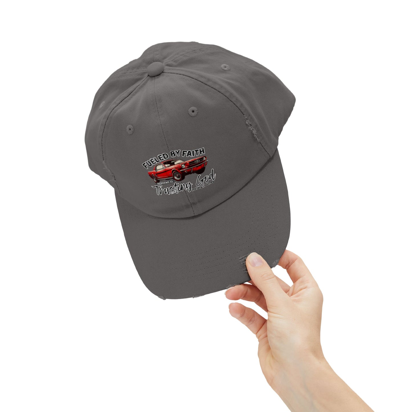 Fueled by Faith Mustang Distressed Trucker Hat – Hebrews 11 Christian Muscle Car Cap